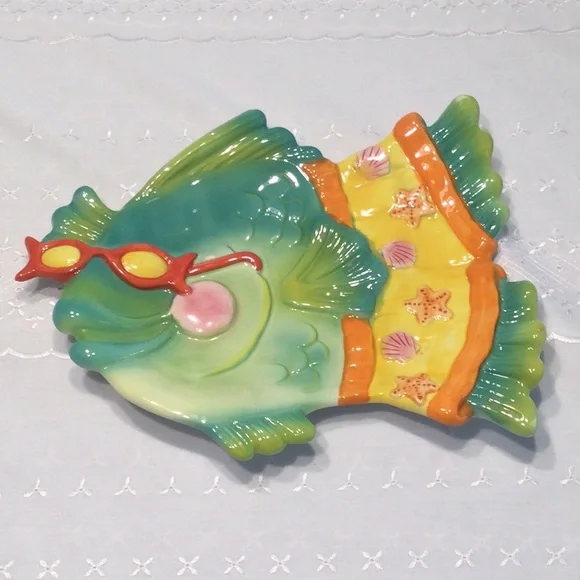 FIGI Colorful Tropical Fish Shaped Ceramic Dish Fish is wearing Sunglasses - Picture 1 of 5
